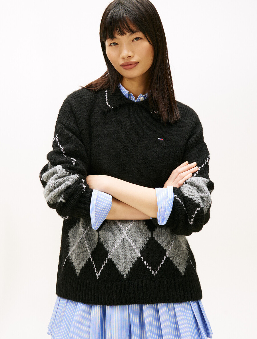argyle oversized polo pullover mit alpaka-muster