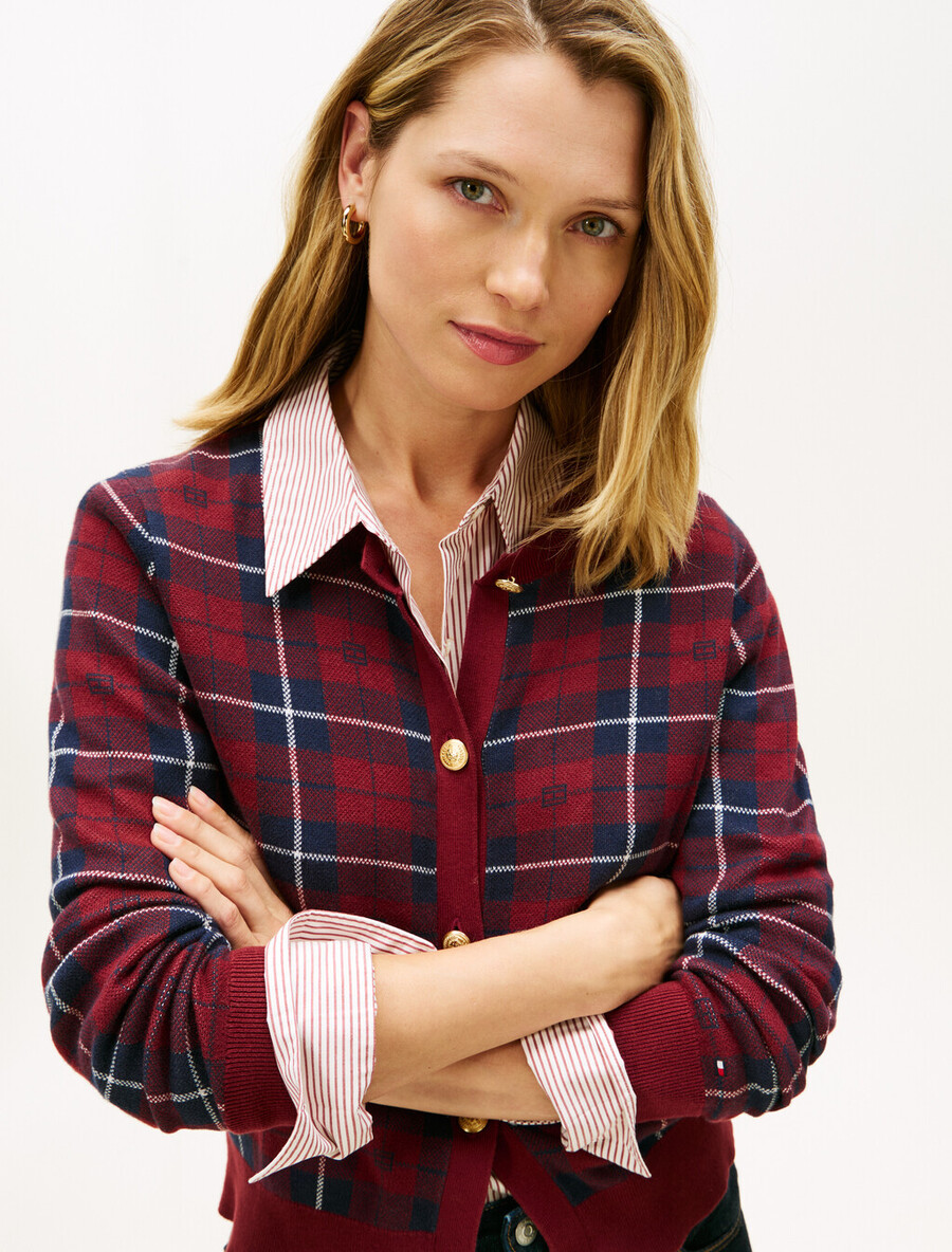 karomuster-strickjacke mit rundhalsausschnitt und flaggenmuster