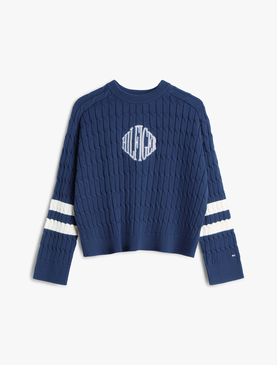 logo-stickerei lässiger zopfstrickpullover