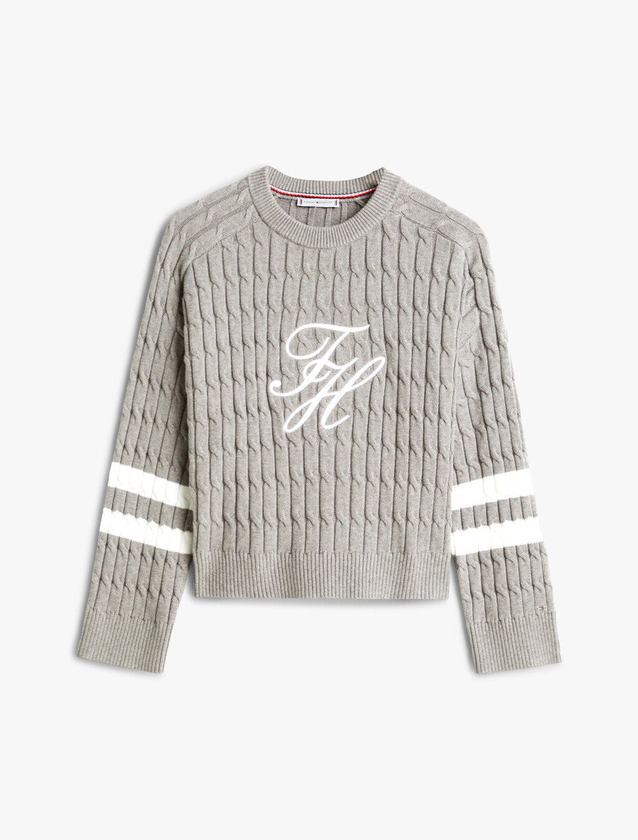 logo-stickerei lässiger zopfstrickpullover