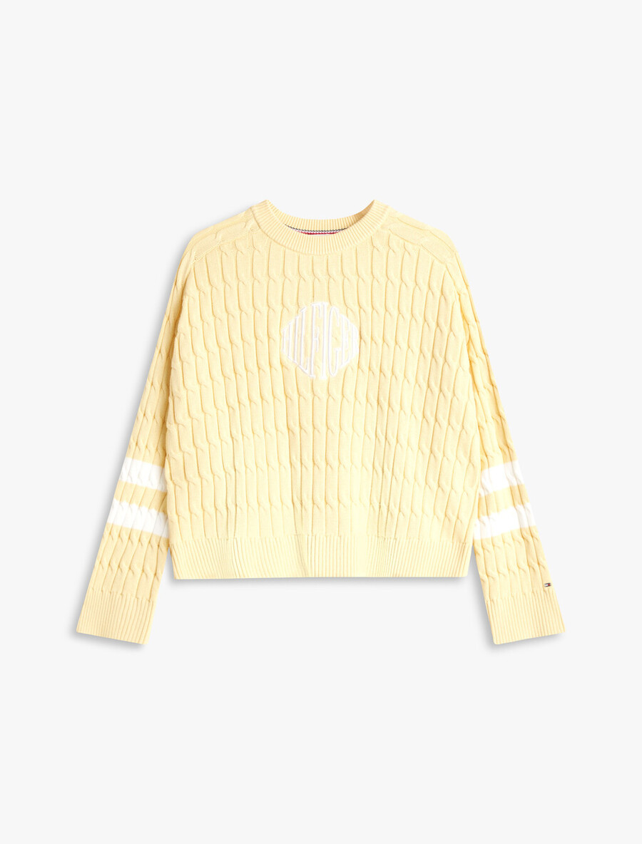 logo-stickerei lässiger zopfstrickpullover