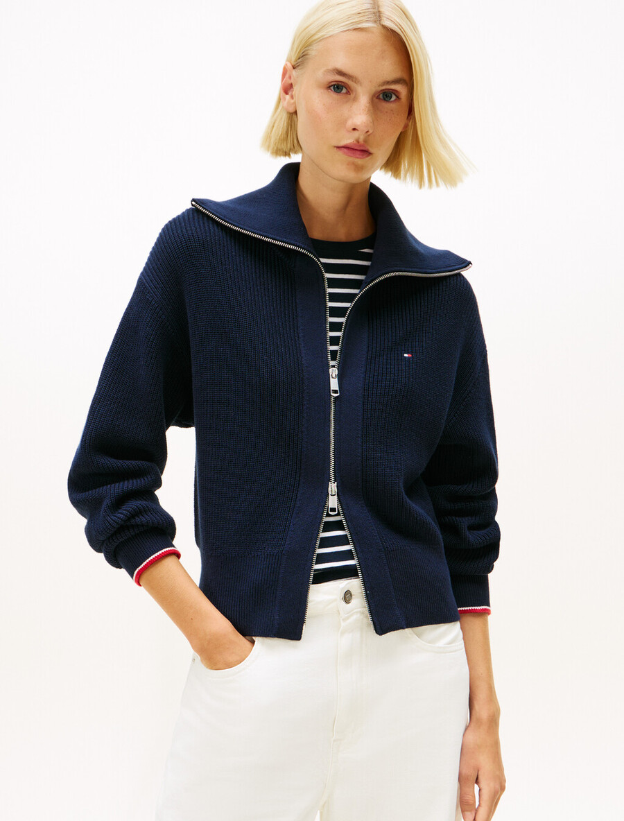 strickjacke mit doppeltem reißverschluss und kragenklappe