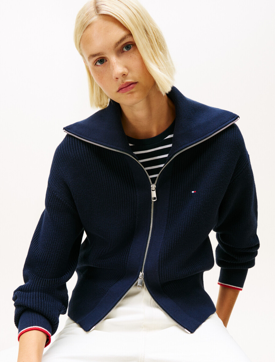 strickjacke mit doppeltem reißverschluss und kragenklappe