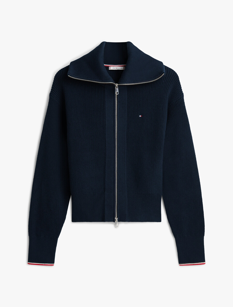 strickjacke mit doppeltem reißverschluss und kragenklappe