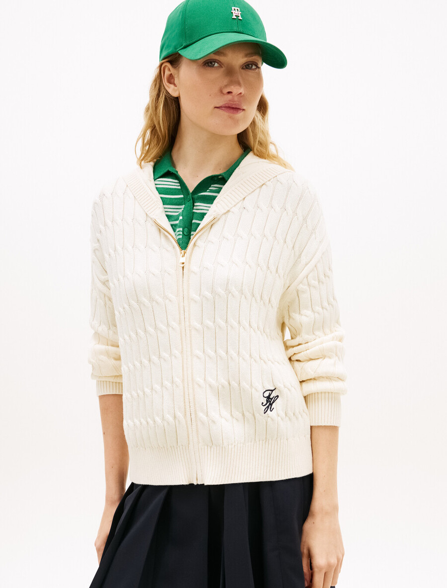 kapuzenpullover mit zopfmuster und reißverschluss
