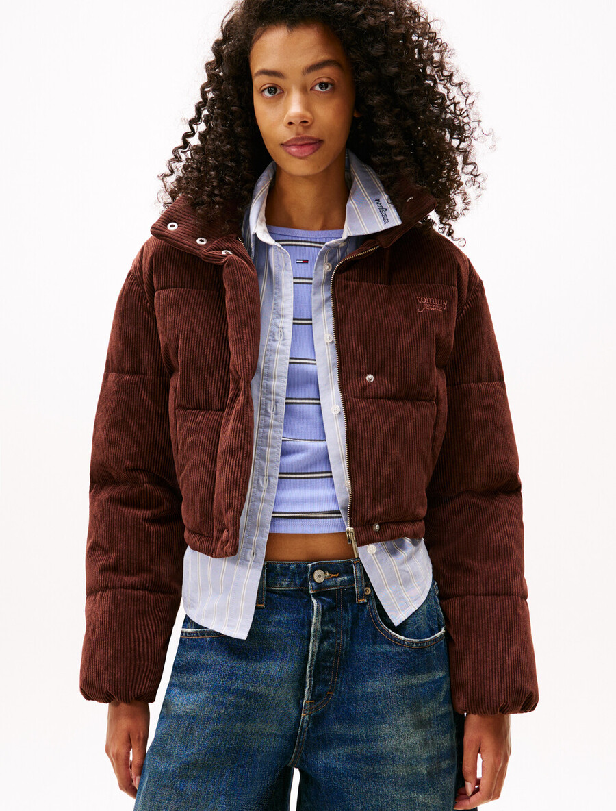 cord-steppjacke mit logostickerei