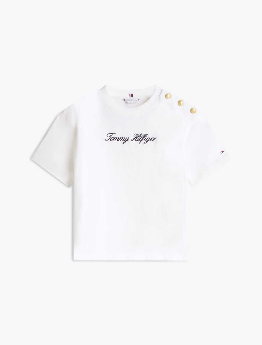 lässiges t-shirt mit goldfarbenem knopf und logostickerei