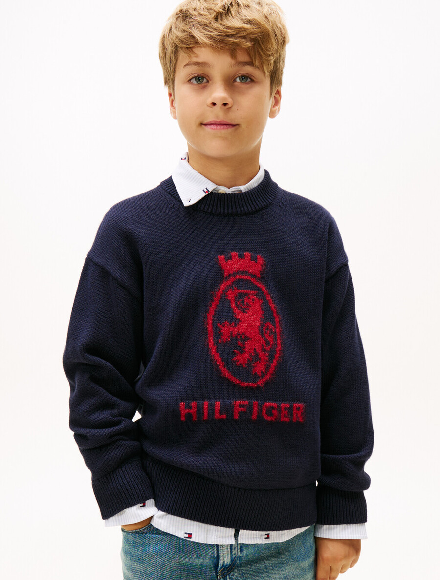 th wappen intarsien-pullover mit rundhalsausschnitt