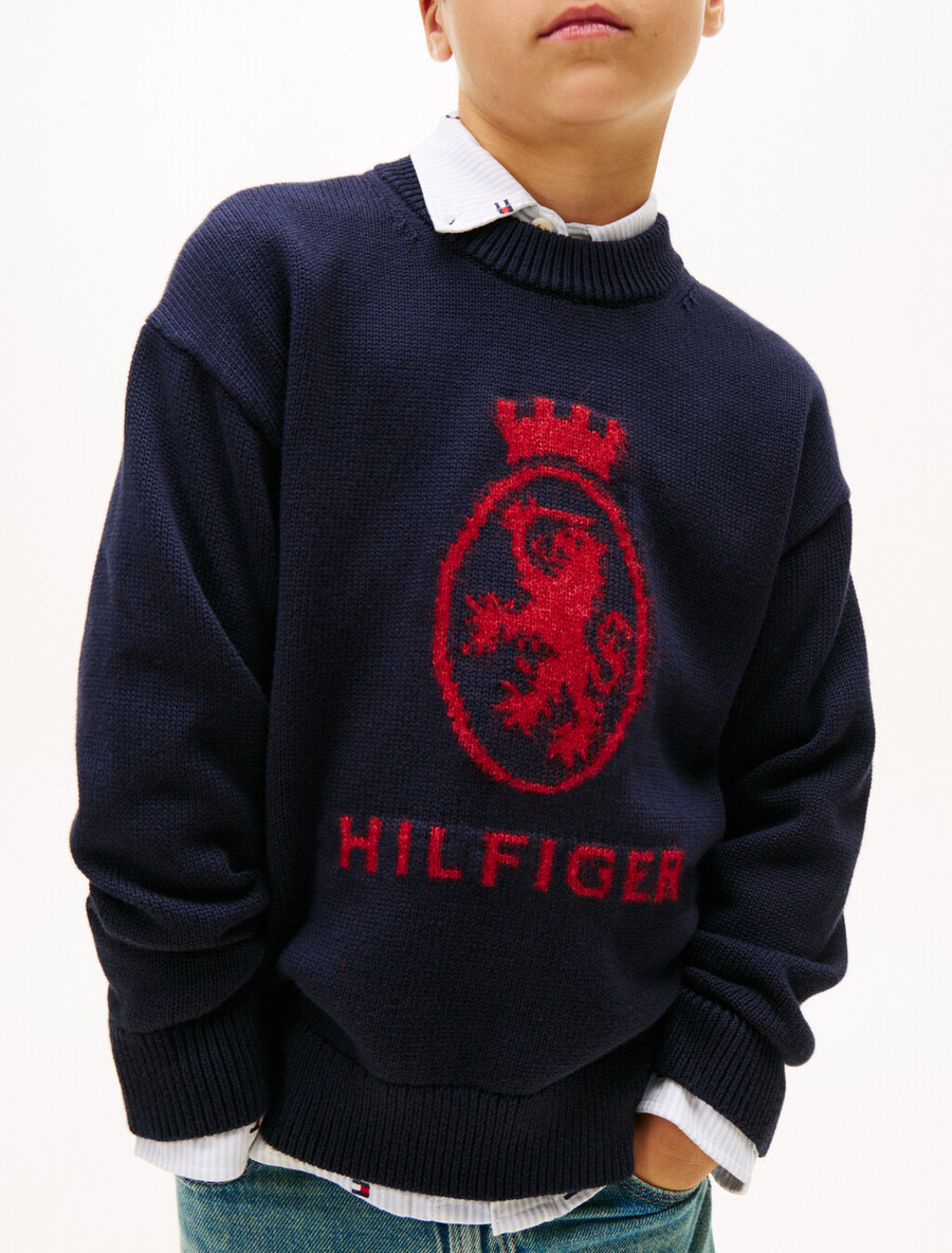 th wappen intarsien-pullover mit rundhalsausschnitt