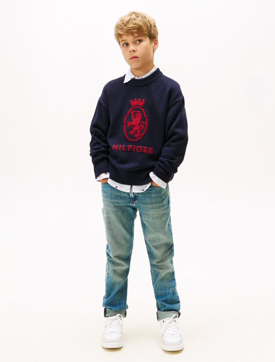 th wappen intarsien-pullover mit rundhalsausschnitt