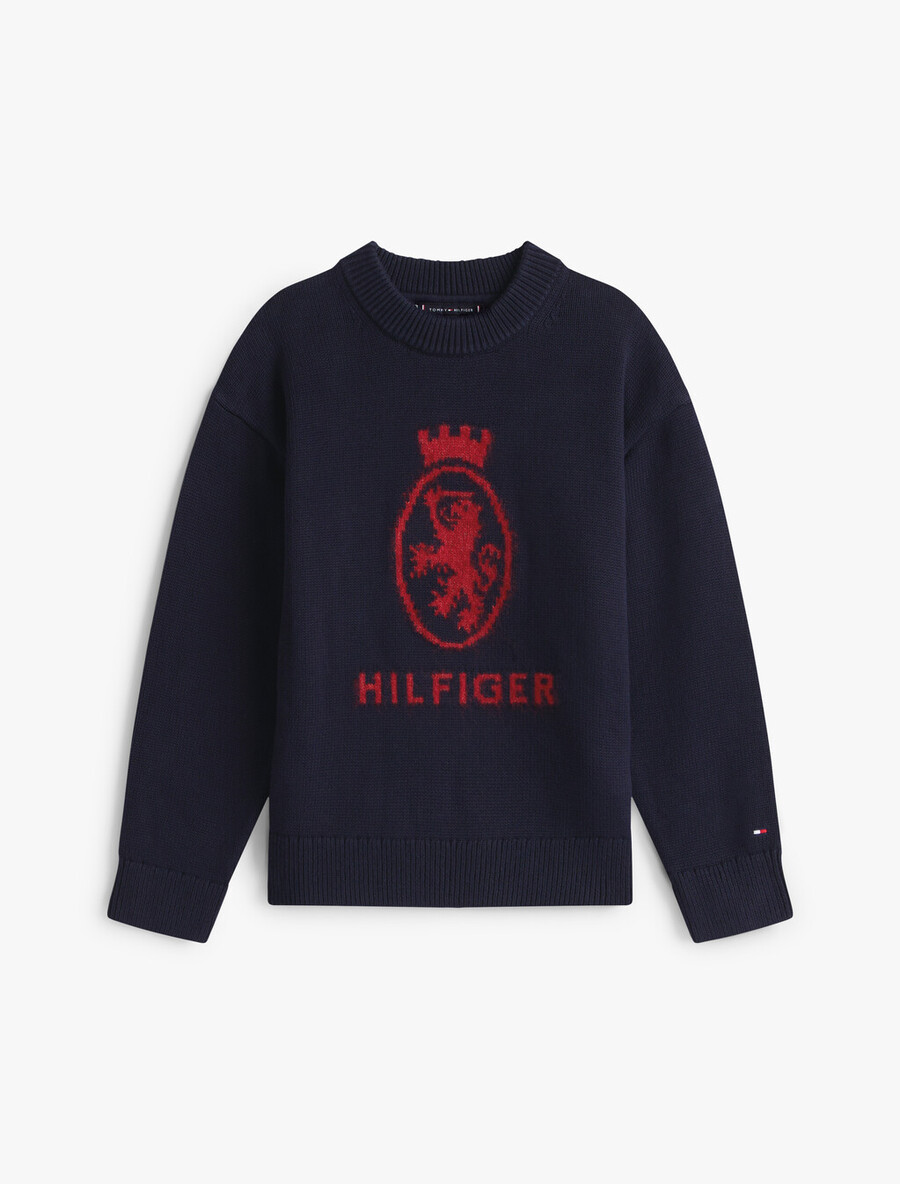 th wappen intarsien-pullover mit rundhalsausschnitt