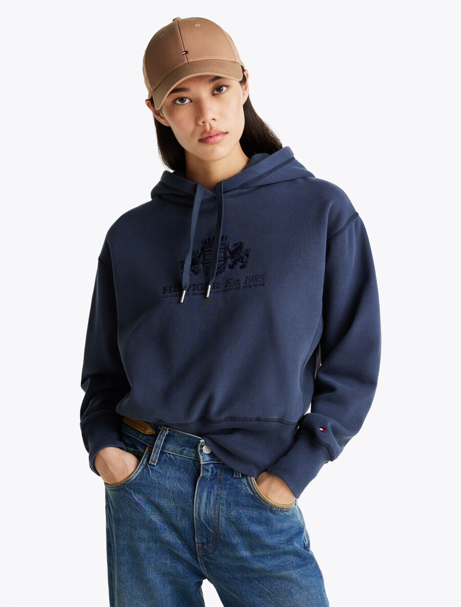 fleece-kapuzenpullover mit logostickerei und kordelzug